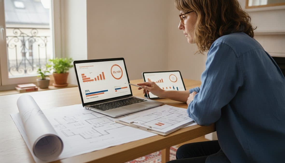 Une fiche de bien schématique affichée sur l'écran d'un ordinateur portable, avec un cadran de score sur 100 et une jauge de taux d'endettement à 35 %