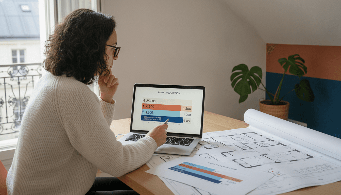 Sur l'écran d'un ordinateur portable et sur des feuilles imprimées posées sur la table, un graphique en barres empilées décompose des frais d'acquisition…