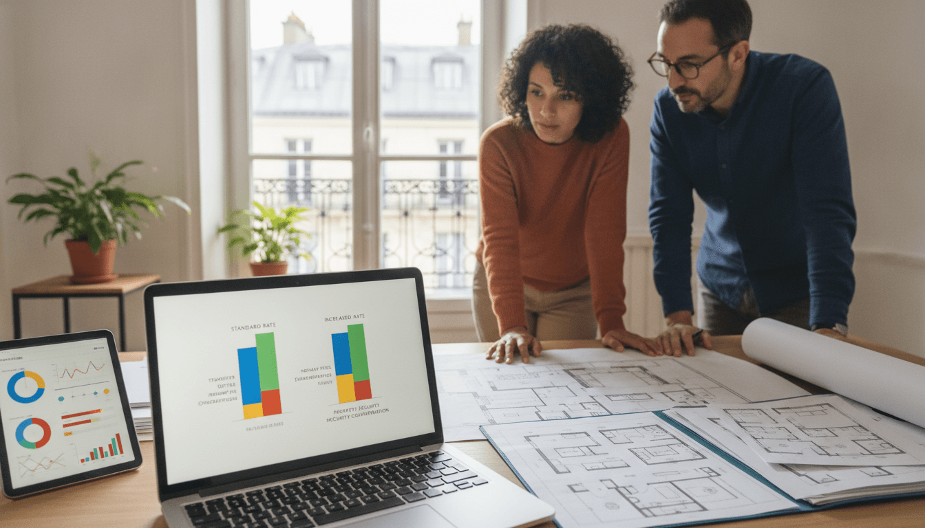 Barres empilées vectorielles plates décomposant les frais de notaire en droits de mutation, émoluments, débours et contribution de sécurité immobilière