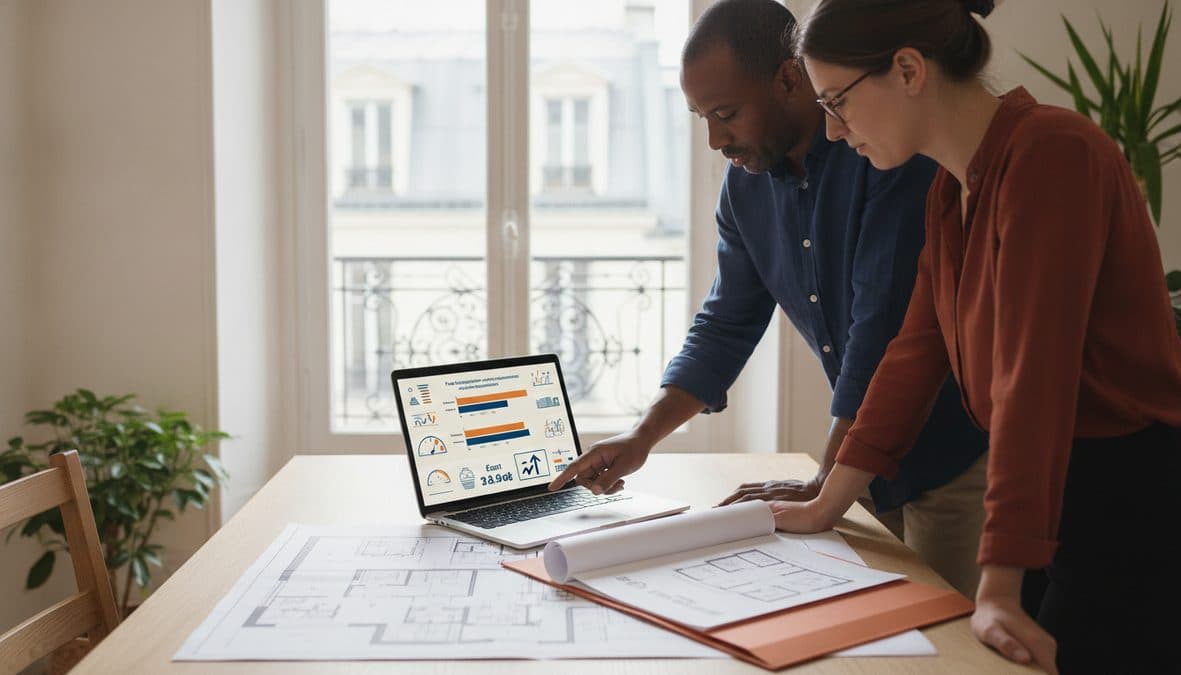 Sur l'écran d'un ordinateur portable et sur des feuilles imprimées posées sur la table, deux barres empilées comparent les frais d'acquisition avec et sans…