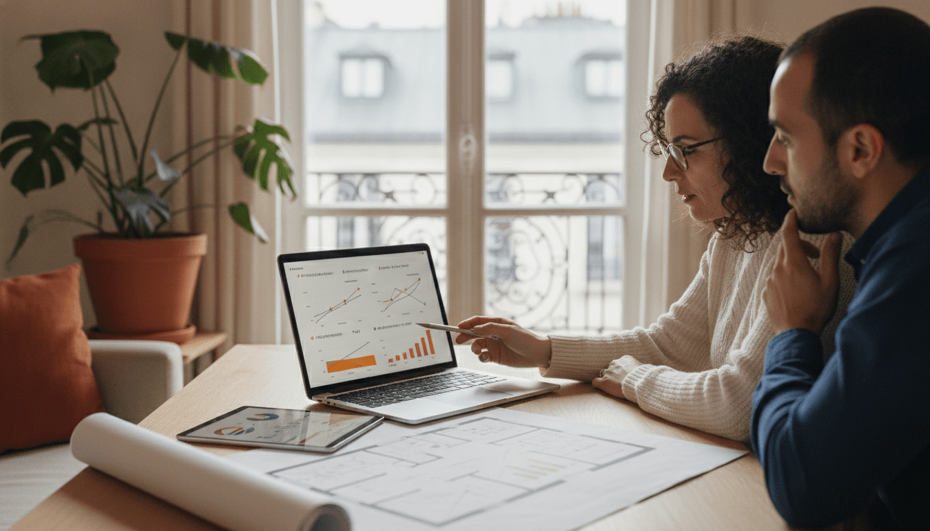 Deux courbes de fiscalité locative affichées sur l'écran d'un ordinateur portable, comparant micro-foncier, réel et amortissement LMNP