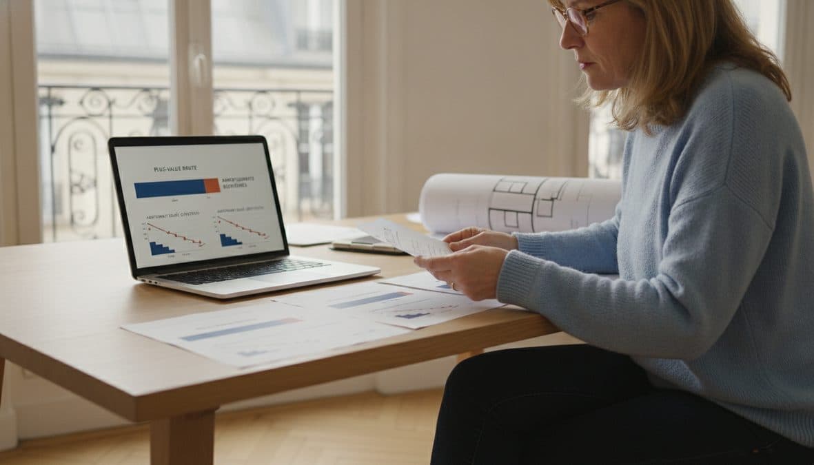 Sur l'écran d'un ordinateur portable et sur des feuilles imprimées posées sur une table de travail, un schéma vectoriel plat en deux temps