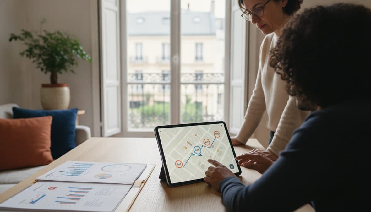 Vue rapprochée sur une tablette posée sur une table de travail, affichant un plan de quartier stylisé en vectoriel plat avec trois pastilles de prix reliées à…