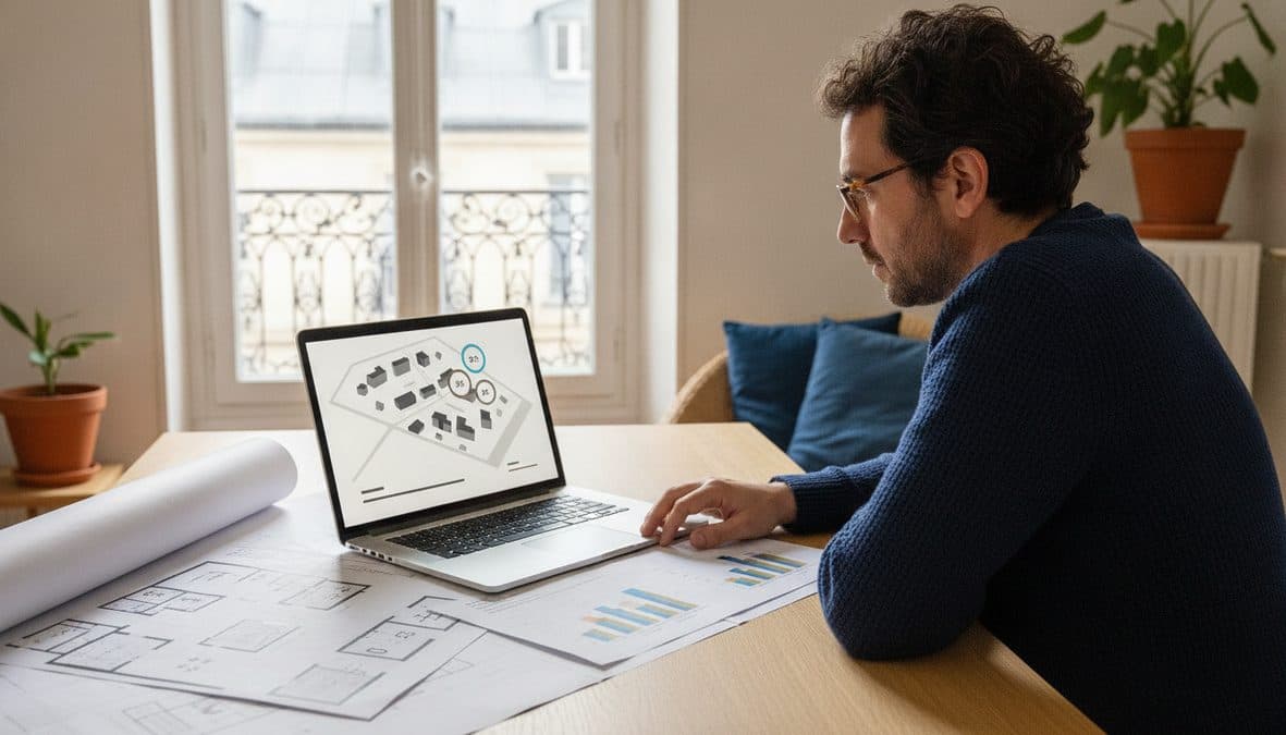 Un plan de quartier stylisé affiché sur l'écran d'un ordinateur portable, avec trois pastilles de prix proches les unes des autres et une courbe de tendance…