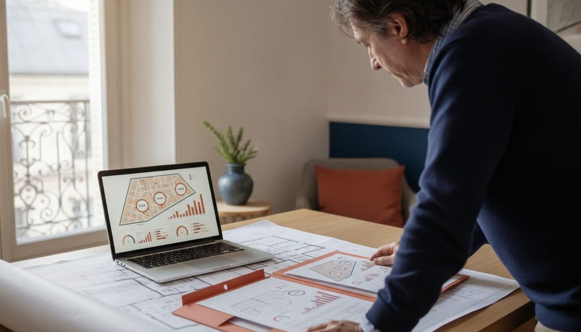Sur l'écran d'un ordinateur portable et sur des feuilles imprimées posées sur une table de travail, un plan de quartier stylisé en vectoriel plat avec trois…