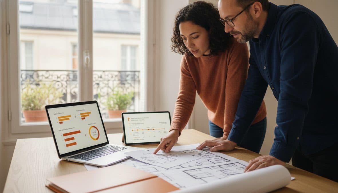 Sur l'écran d'un ordinateur portable et sur des feuilles imprimées posées sur une table de travail, une infographie vectorielle plate compare trois plans…